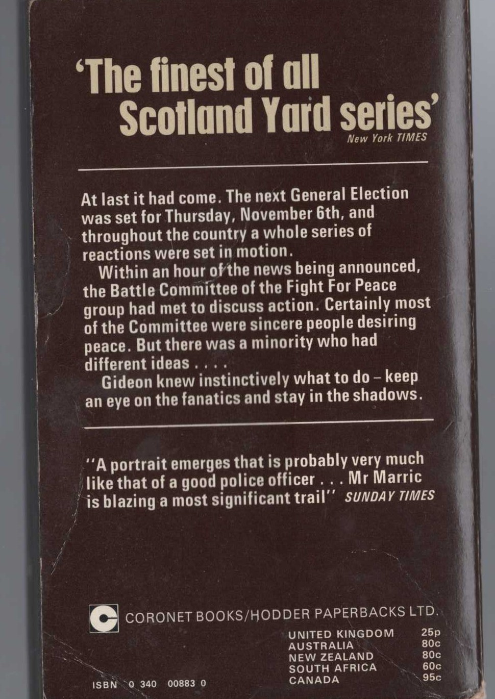 J.J. Marric  GIDEON'S VOTE magnified rear book cover image