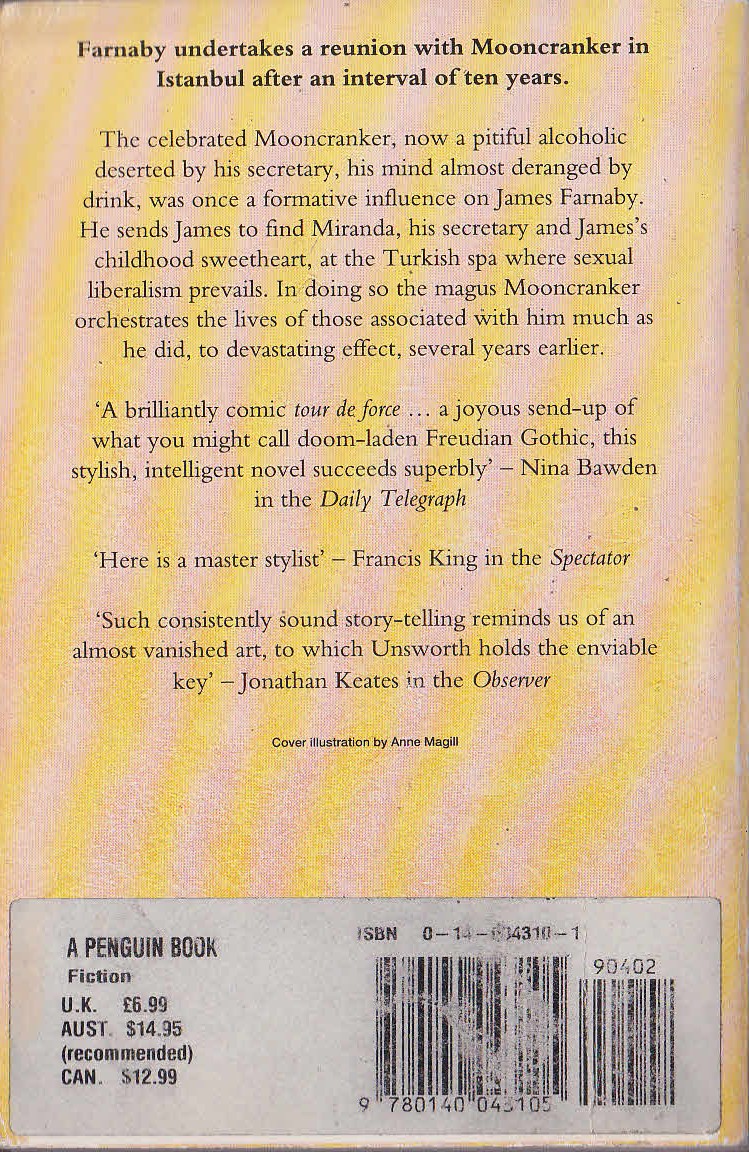 Barry Unsworth  MOONRANKER'S GIFT magnified rear book cover image