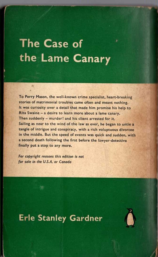 Erle Stanley Gardner  THE CASE OF THE LAME CANARY magnified rear book cover image