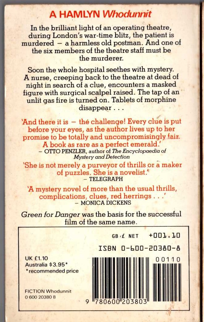 Christianna Brand  GREEN FOR DANGER magnified rear book cover image
