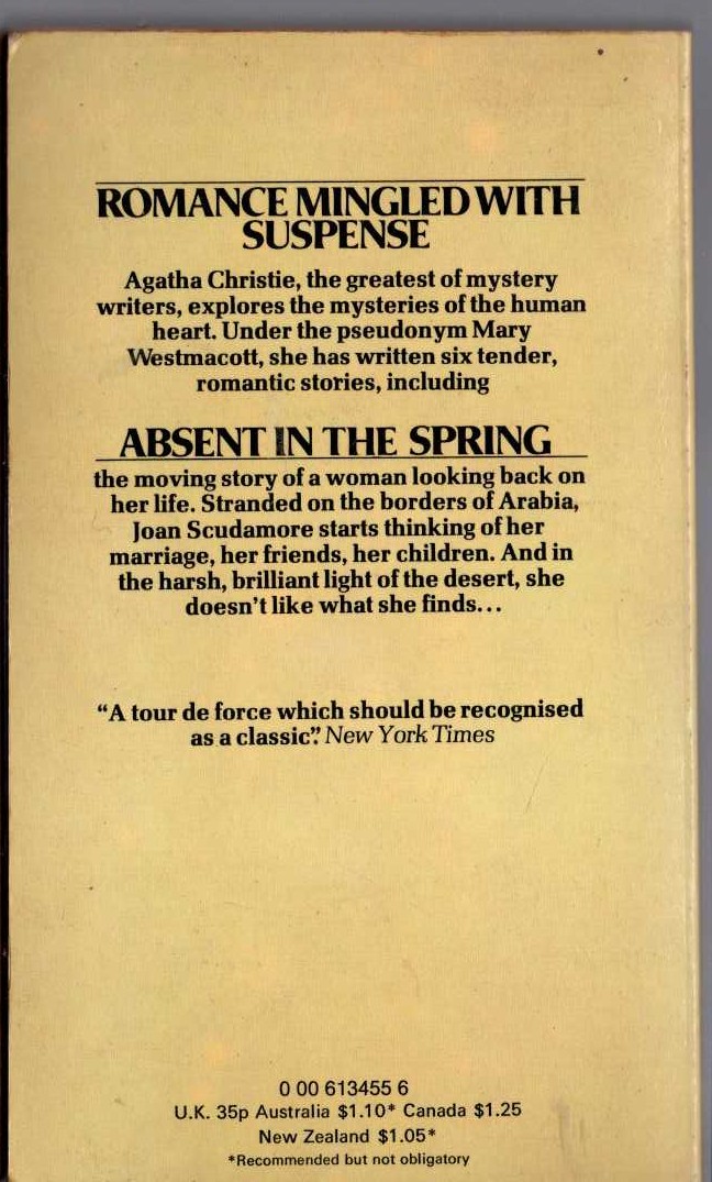Mary Westmacott  ABSENT IN THE SPRING magnified rear book cover image