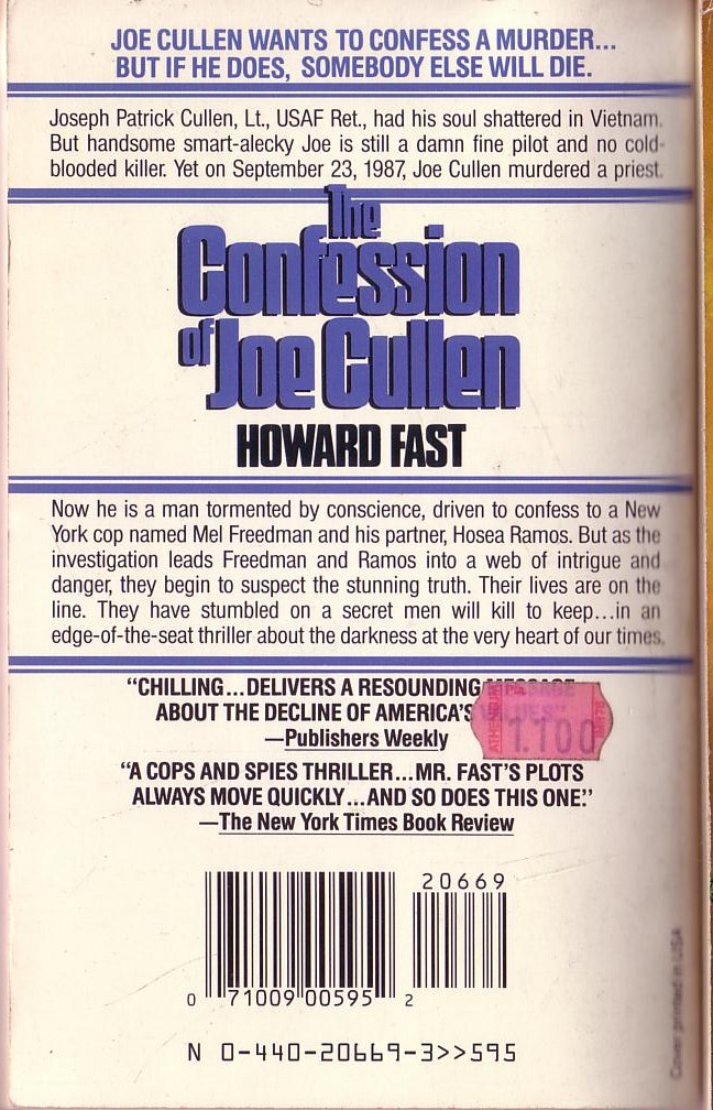 Howard Fast  THE CONFESSION OF JOE CULLEN magnified rear book cover image