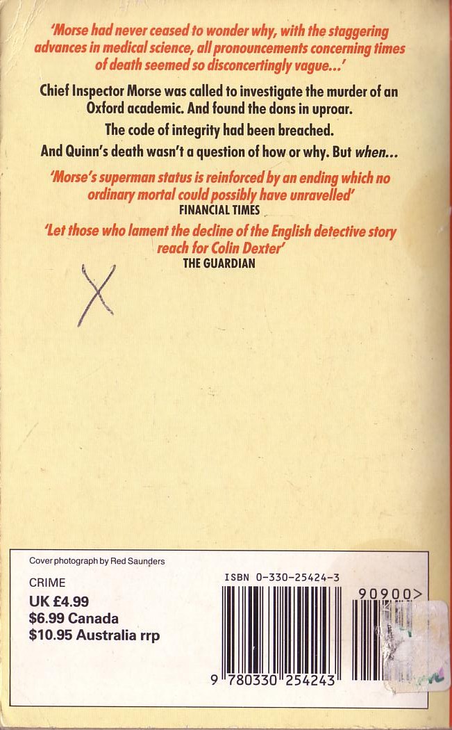 Colin Dexter  THE SILENT WORLD OF NICHOLAS QUINN magnified rear book cover image
