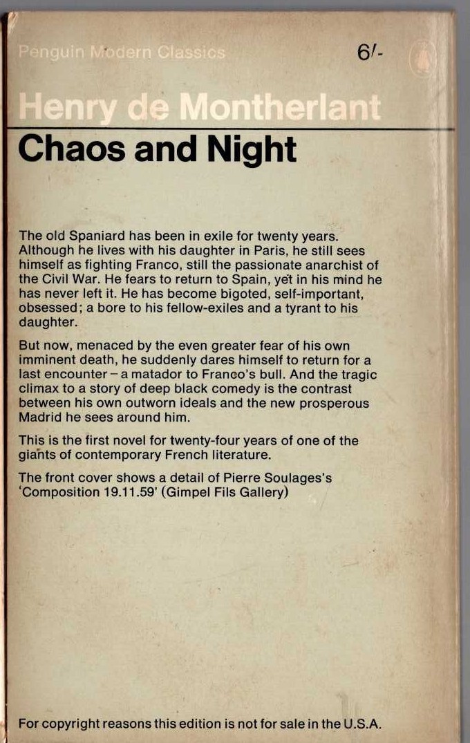 Henry de Montherlant  CHAOS AND NIGHT magnified rear book cover image