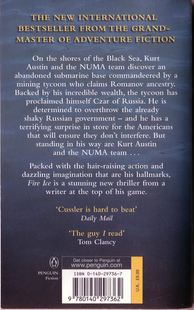 Clive Cussler  FIRE ICE magnified rear book cover image