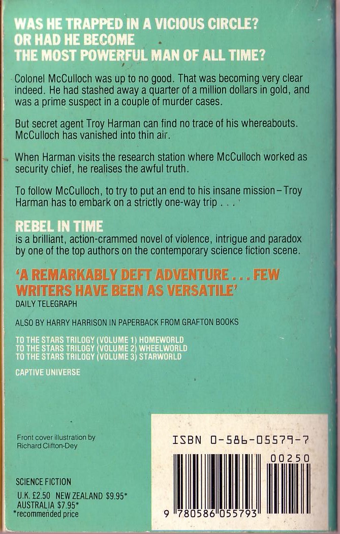 Harry Harrison  REBEL IN TIME magnified rear book cover image