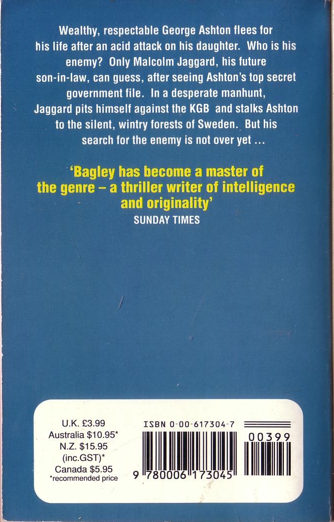 Desmond Bagley  THE ENEMY magnified rear book cover image