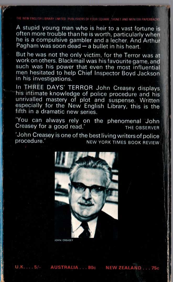 John Creasey  HREE DAYS' TERROR magnified rear book cover image
