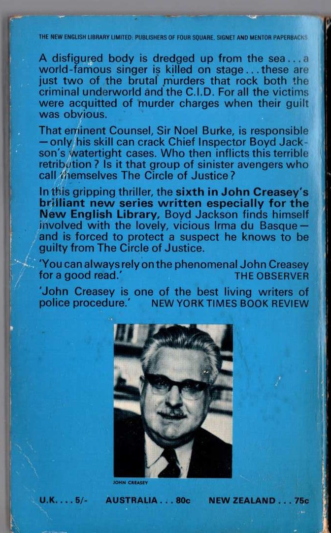 John Creasey  CIRCLE OF JUSTICE magnified rear book cover image
