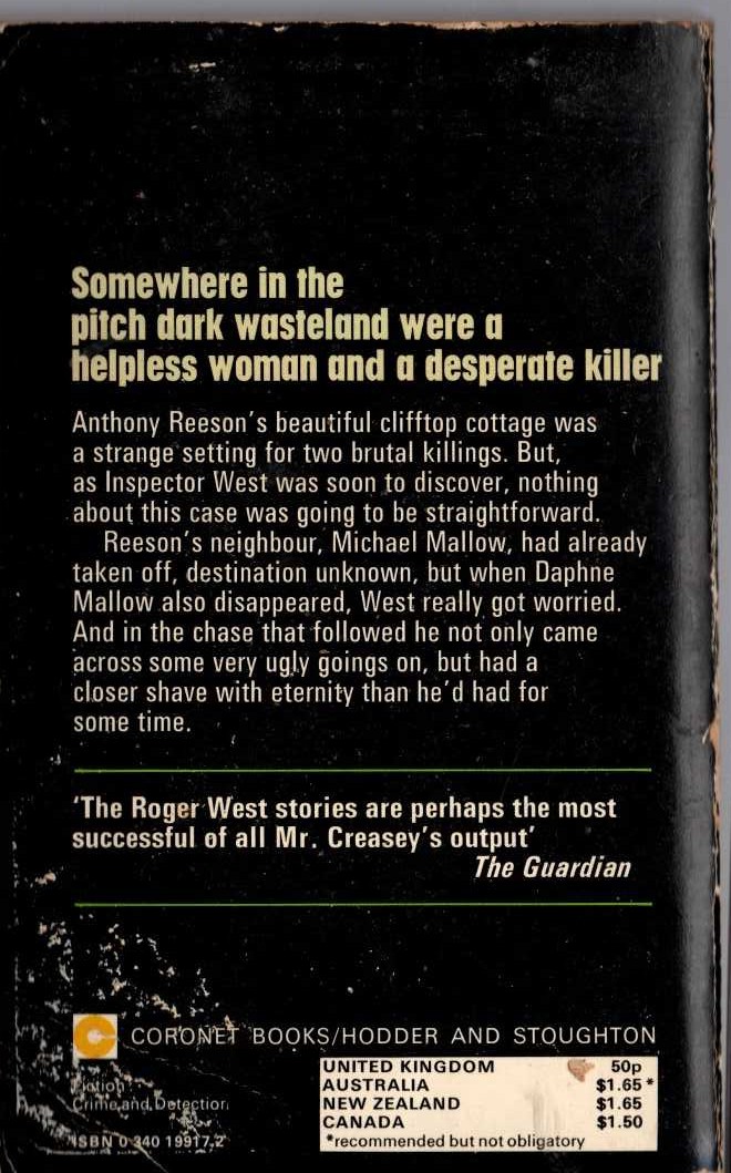 John Creasey  TWO FOR INSPECTOR WEST magnified rear book cover image