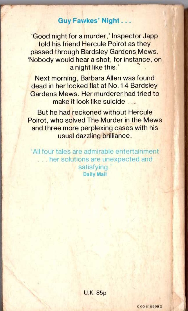 Agatha Christie  MURDER IN THE MEWS magnified rear book cover image