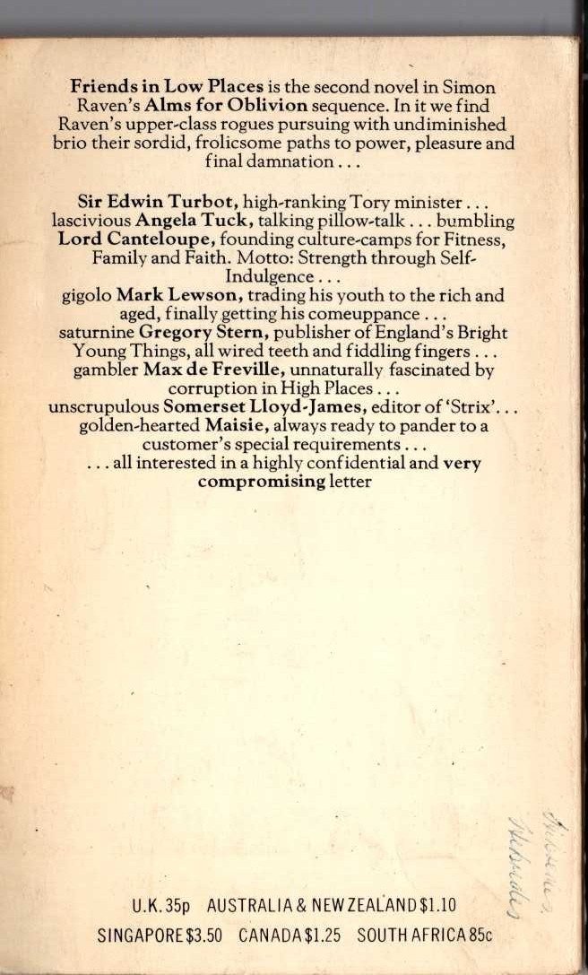 Simon Raven  FRIENDS IN LOW PLACES magnified rear book cover image