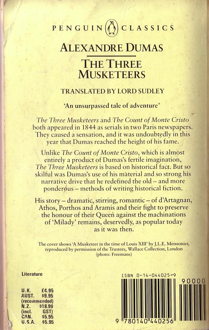 Alexandre Dumas  THE THREE MUSKETEERS magnified rear book cover image