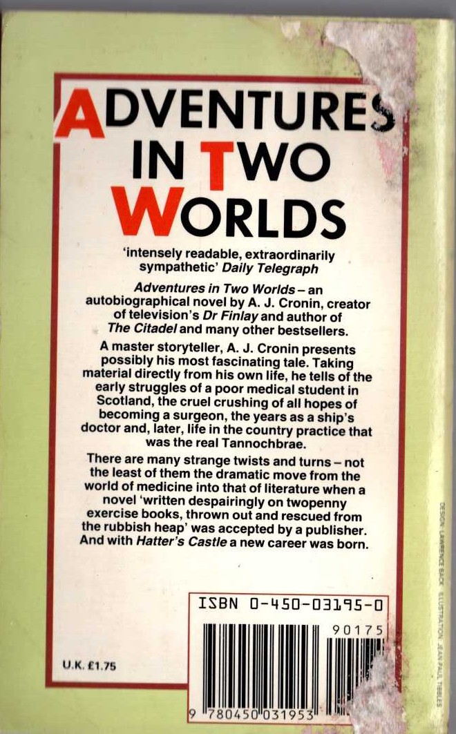 A.J. Cronin  ADVENTURES IN TWO WORLDS magnified rear book cover image