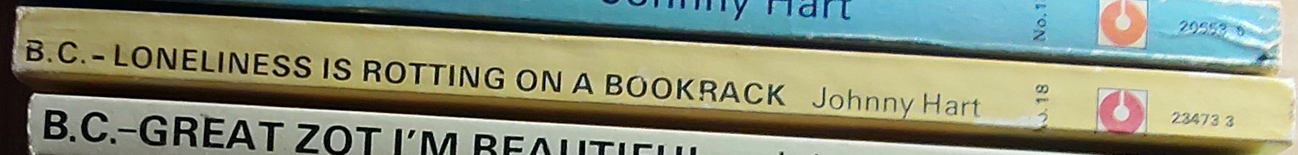 Johnny Hart  B.C. LONELINESS IS ROTTING ON A BOOKRACK spine of book image